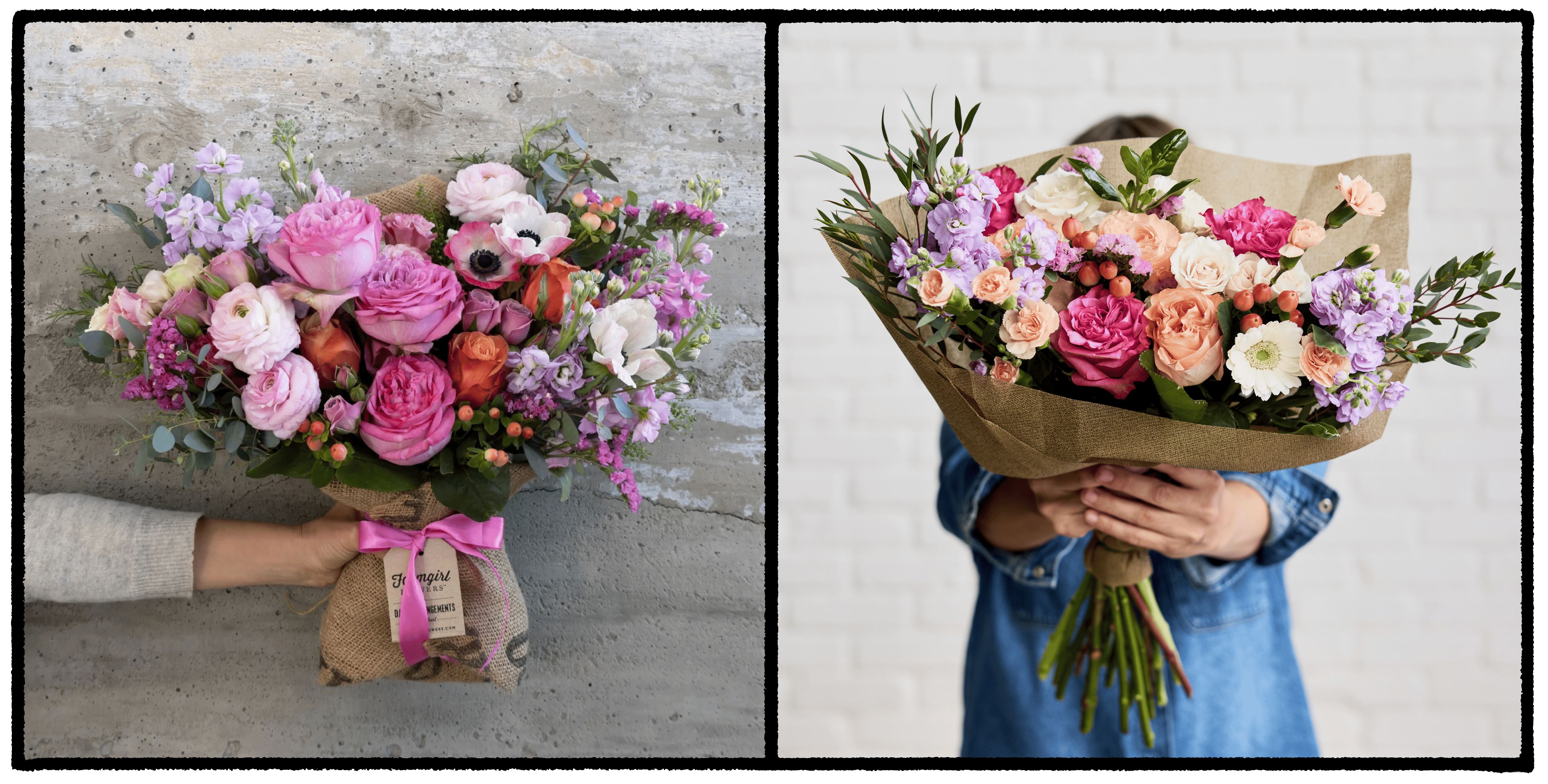Two hand designed Farmgirl Flowers bouquets in pink roses and spring blooms - one in burlap with a pink ribbon - one held by a person in a denim shirt.png